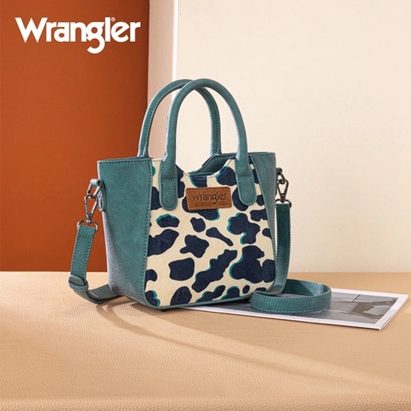 WRANGLER ALL-OVER COW PRINT MINI TOTE BAG Turquoise - Picture 1 of 2